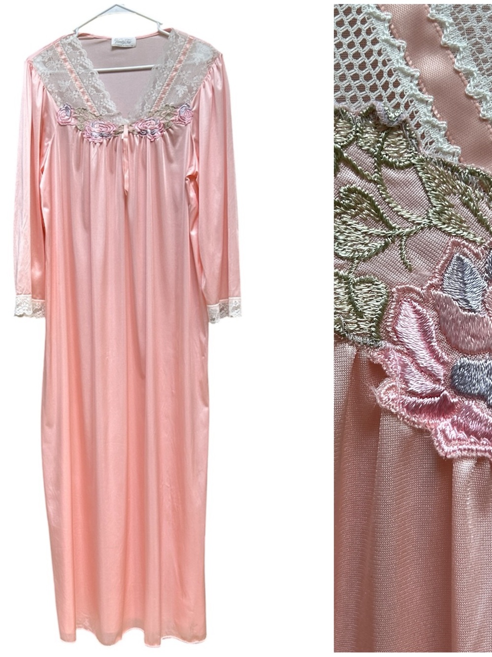 80s Vintage Vanity Fair Soft Pink Floral Appliquéd Lace-Trim Prairie Nightgown